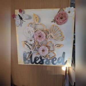 Blessed Floral Wall Art - Pink & White Decorative Wood Canvas Hand Crafted 11x12